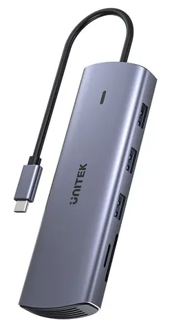 Unitek USB-C hub stříbrná / Hub USB / 9v1 / HDMI / VGA / RJ-45 / čtečka SD karet / PD 100W