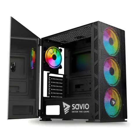SAVIO Raptor X1 ARGB Glass/Mesh černá / Skříň / ATX, Micro ATX, Mini ITX / Tvrzené sklo / 3x 120 mm ARGB / Bez zdroje