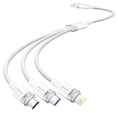 Vention CTRWG bílá / Kabel USB-A na USB-C, Lightning, Micro-B / 6A / 120W / 1,5 m