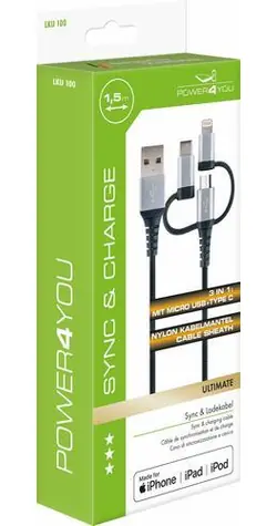 Schwaiger 3-in-1 černo-stříbrná / Nabíjecí kabel / USB-A na Micro-USB, Lightning, USB-C / 1,5 m / 3 A