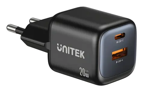 Unitek Zeno černá / Síťová nabíječka / GaN / USB-C PD 20W / USB-A / 2 porty