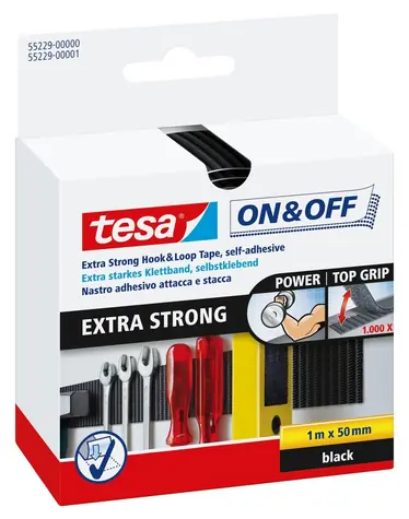 Tesa ON&OFF Extra Strong černá / Suchý zip pásek / samolepicí / 50 mm / 1 m