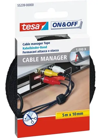 Tesa ON&OFF Cable Manager černá / Organizér kabelů / 10 mm x 5 m / polyamid