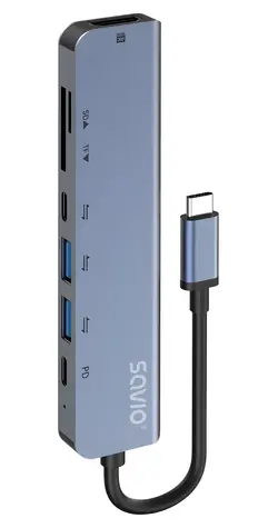 SAVIO AK-82 černá / USB-C hub / 7 portů / HDMI 4K30Hz / USB-C PD / čtečka SD/microSD