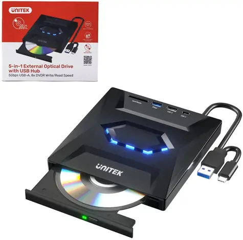 Unitek externí vypalovačka DVD/CD s USB hubem / Externí vypalovačka DVD/CD / USB Hub 5Gbps / Čtečka SD karet