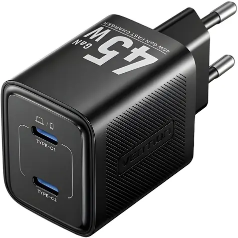 Vention Síťová nabíječka 2x USB-C černá / Nabíječka / GaN / PD 45W