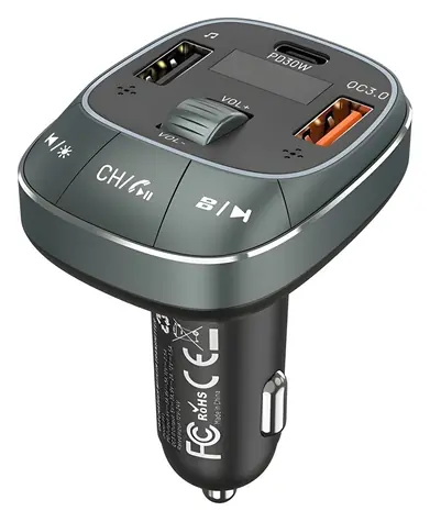 Vention černá / Autonabíječka s FM transmitterem / 3x USB (USB-C + 2x USB-A) / USB-C PD 30W / QC3+