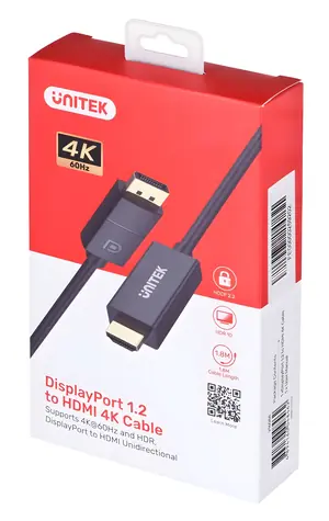 Unitek V1608A černá / Redukce / DisplayPort 1.2 - HDMI / 4K 60Hz / 1,8 m