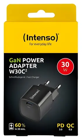 Intenso W30C2 GaN černá / Nabíječka / USB-C / PD 3.0, QC 4.0 / 30 W