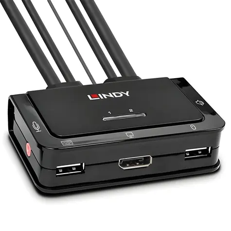 Lindy 42344 / KVM přepínač / 2 porty / DisplayPort 1.2 / USB 2.0 / Audio / 4K 60Hz