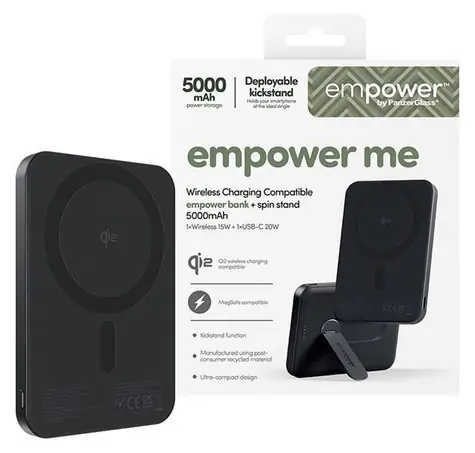 PanzerGlass empower Spin Stand Space Black / Powerbanka / 5000 mAh / otočný stojánek