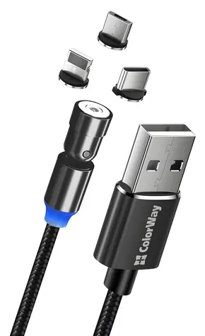 Colorway Nabíjecí kabel 3v1 magnetický černý / Nabíjecí kabel / Lightning + Micro-USB + USB-C / Otočný 540° / 2,4 A