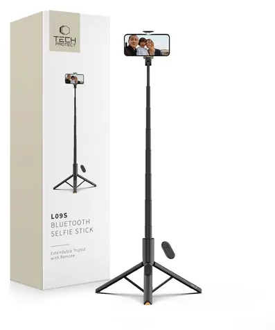 Tech-Protect L09S černá / Selfie tyč / Stativová funkce / Bluetooth dálkové ovládání / Teleskopická 146 cm