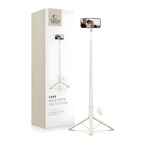 Tech-Protect L09S béžová / Selfie tyč / Stativová funkce / Bluetooth dálkové ovládání / Teleskopická 146 cm