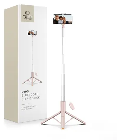 Tech-Protect L09S růžová / Selfie tyč / Stativová funkce / Bluetooth dálkové ovládání / Teleskopická 146 cm