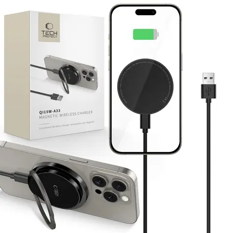 Tech-Protect QI15W-A33 MagSafe černá / Bezdrátová nabíječka / stojánek / 15W / USB-A, USB-C kabel