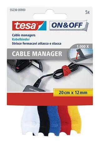 Tesa ON&OFF Cable Manager mix barev / Organizér kabelů / 5 ks / 20 cm / 12 mm