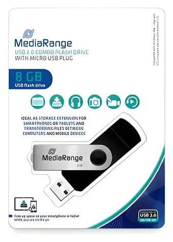 MediaRange MR930-2 8 GB černo-stříbrná / Flash disk / OTG / USB-A 2.0 + Micro-USB / čtení 15 MB/s / zápis 5 MB/s