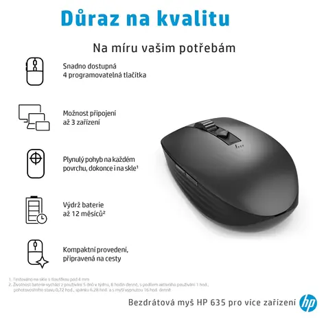 HP 635M černá / Bezdrátová myš / Multi-Device / 4 tlačítka / 1200 DPI / Bluetooth + 2,4 GHz