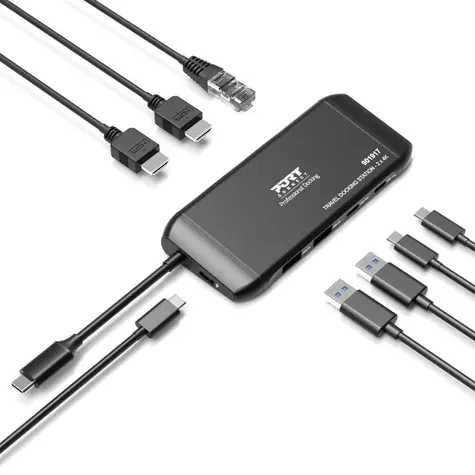 PORT CONNECT Cestovní dokovací stanice USB-C 7v1 / Dokovací stanice / 2x HDMI 4K / USB-C PD 100W / RJ-45