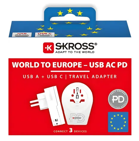 SKROSS Cestovní adaptér Europe pro cizince v ČR / typ E/F / USB-A+C / PD 20W