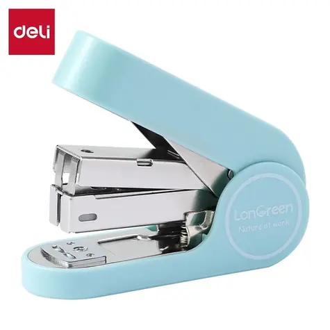 DELI Sešívačka LonGreen EASY světle modrá / Mini / 25 listů / 24/6 & 26/6 / 50 spon / recyklovaný plast