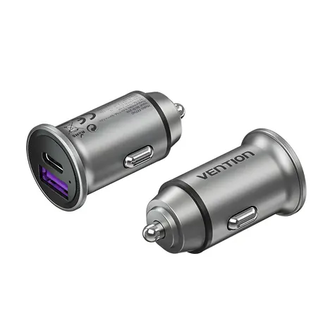 Vention nabíječka do auta 2x30W šedá / Nabíječka do auta / USB-A + USB-C / PD / QC