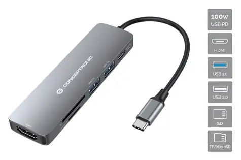 Conceptronic DONN11G / USB-C adaptér / 6v1 / HDMI / USB-A 3.2 Gen2 / čtečka karet SD/TF