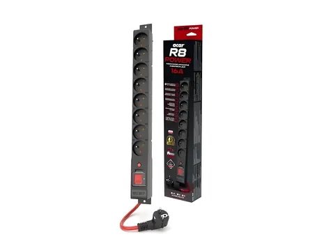 Acar R8 Power černá / Prodlužovací kabel / 8 zásuvek / 5 m / přepěťová ochrana