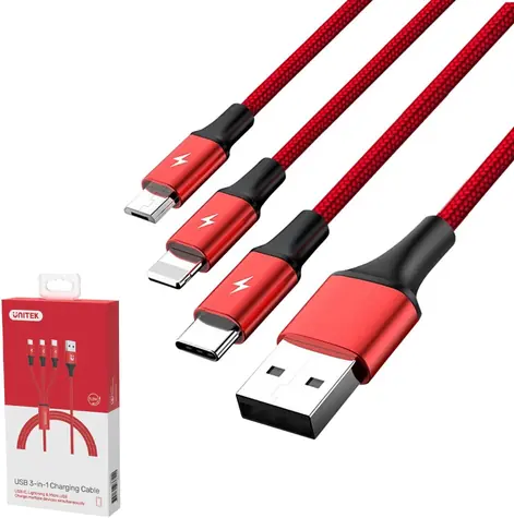 Unitek C4049RD červená / Kabel / USB-A - USB-C/Micro-USB/Lightning / 3v1 / 1,2 m