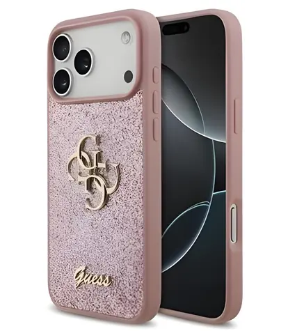 Guess PU Fixed Glitter 4G Metal Logo růžová / Zadní kryt pro Apple iPhone 18 Pro Max / Třpytivý vzor