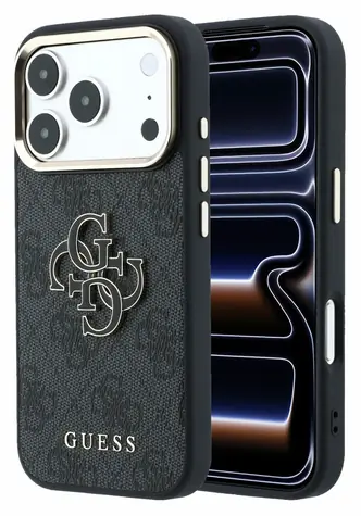 Guess PU 4G Resin Metal Logo pro iPhone 18 Pro černá / Zadní kryt / Umělá kůže / Kovové logo