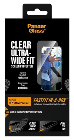 PanzerGlass Ultra-Wide FastFit pro iPhone 17/18 Pro Max / Ochranné sklo / Plně nalepovací / s aplikačním boxem