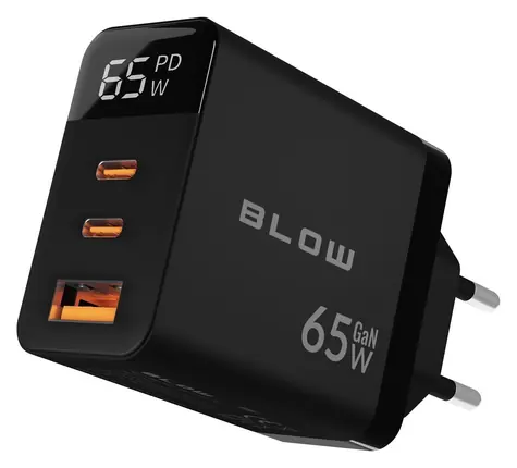 Blow GaN 65W LCD černá / Síťová nabíječka / 2x USB-C / PD 65W / displej wattmetru