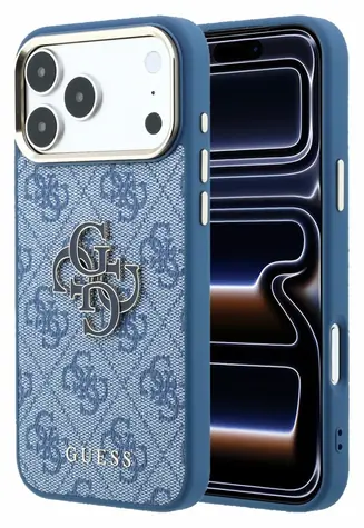 Guess PU 4G Resin Metal Logo iPhone 18 Pro modrá / Zadní kryt / Umělá kůže / Kovové logo