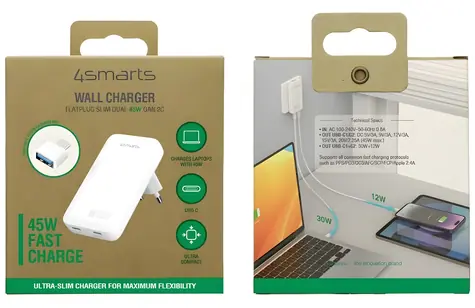 4smarts FlatPlug Slim Dual bílá / Síťová nabíječka / GaN / 2x USB-C / 45 W