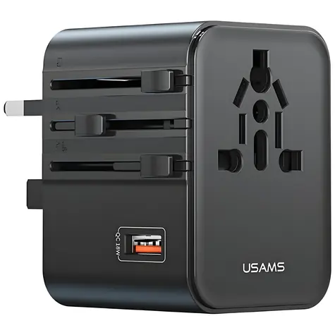 USAMS CC309 černá / Cestovní nabíječka / 4v1 US/AU/EU/UK / 2x USB-C / 1x USB-A / 25W