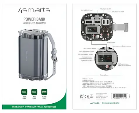 4smarts Lucid Ultra 40000mAh šedá / Powerbanka / 100W / PD / IP67 / LCD displej