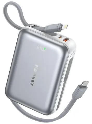 Awei C03 stříbrná / Powerbanka / 20000 mAh / kabely Lightning a USB-C v těle / 45W