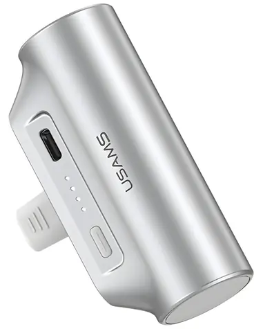 USAMS PB79 Mini Tail Plug stříbrná / Powerbanka / 3000 mAh / Vestavěný USB-C konektor