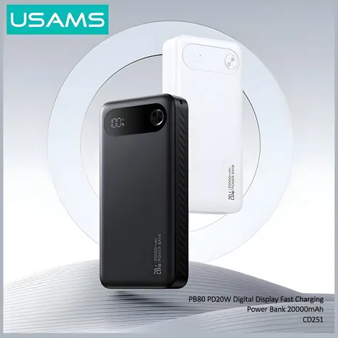 USAMS PB80 bílá / Powerbanka / 20000mAh / PD 20W / USB-C + 2x USB-A / LED displej