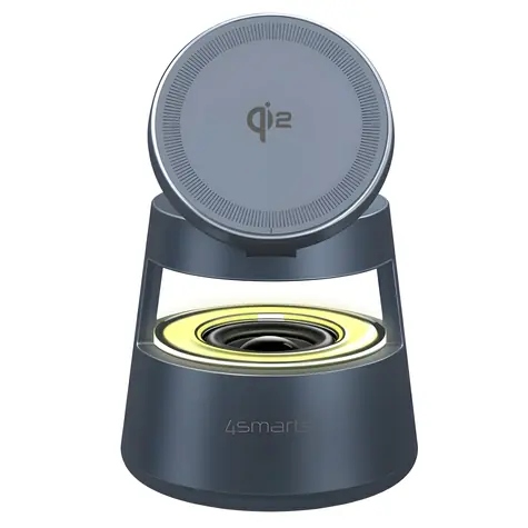 4smarts Aura Sound šedá / Bezdrátová nabíjecí stanice / Qi2/MagSafe / 30W / Bluetooth reproduktor a LED osvětlení