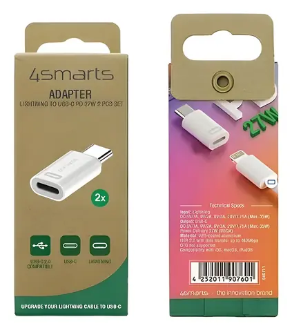 4smarts Adaptér USB-C na Lightning PD 27W bílá / Adaptér / Power Delivery / hliník / 2 ks