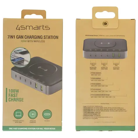 4smarts 7in1 100W černo-šedá / Nabíjecí stanice / GaN / Bezdrátové nabíjení 15W / 7 portů