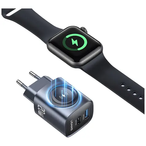 USAMS CC293 T67 šedá / Síťová nabíječka / 20W / USB-C + USB-A / Bezdrátové nabíjení Apple Watch