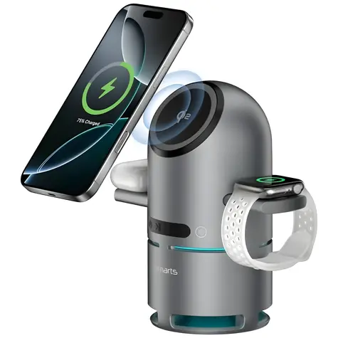 4smarts ChargeBot Sound Qi2 šedá / Bezdrátová nabíjecí stanice / Qi2 15W / Bluetooth reproduktor / 3v1