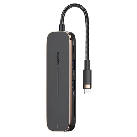 USAMS SJ575 černá / USB-C hub 6v1 / HDMI 4K 30Hz / 2x USB 3.0 / SD a microSD / PD 100W
