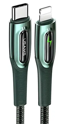 USAMS SJ518 tmavě zelená / Datový kabel / USB-C - Lightning / 20W PD / Smart Power-off / 1,2m