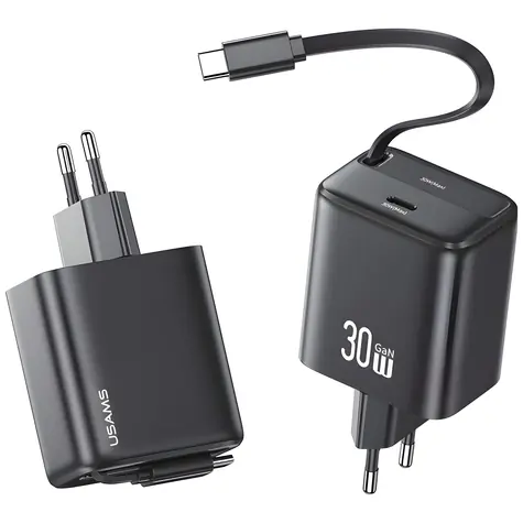 USAMS CC241 černá / Nabíječka / GaN / USB-C PD+QC / 30 W / výsuvný kabel