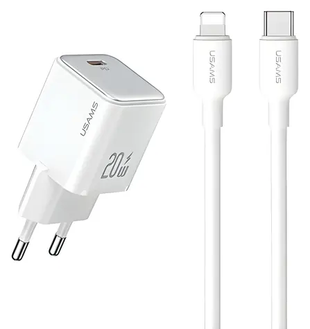 USAMS US-CC183 + US-SJ610 bílá / Nabíječka a kabel / USB-C PD 20W / Lightning / GaN